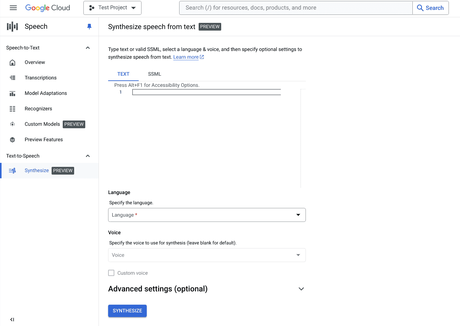 快速入门:使用 Google Cloud 控制台根据文本创建音频
